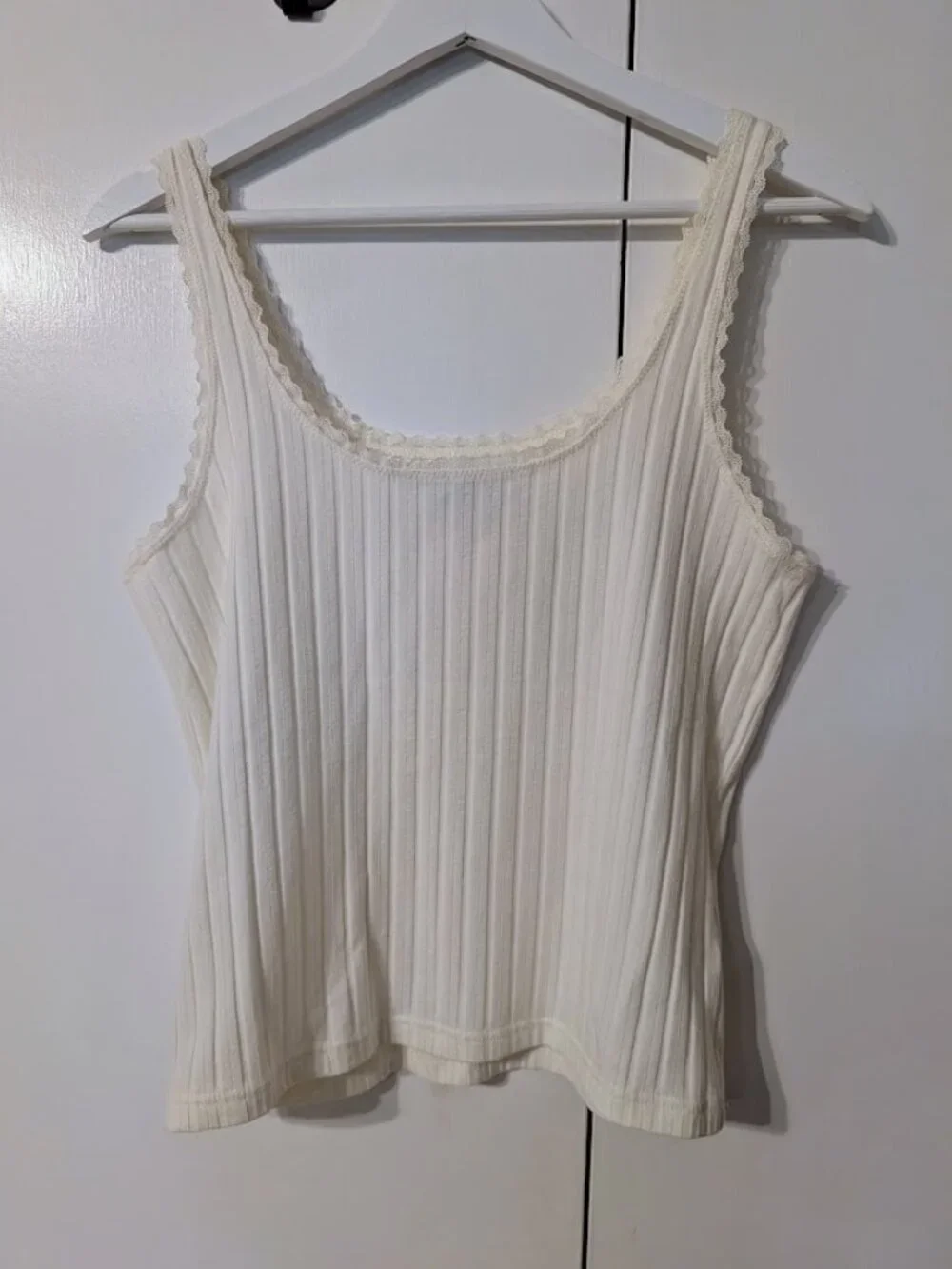 J. Crew Ribbed Lace Trim Pointelle Cotton Blend Camisole Tank Top Ivory L NWOT - Picture 6 of 9